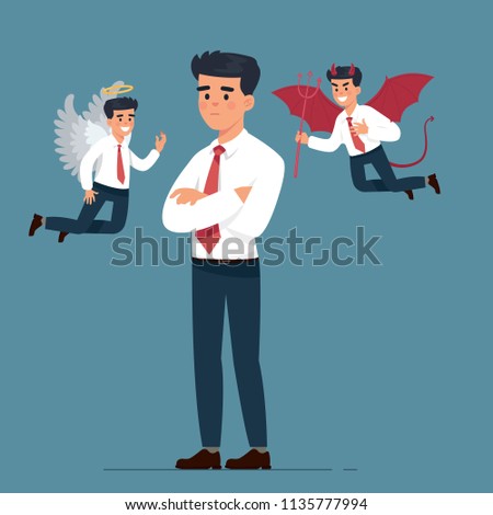vector illustration worker man with angel and devil argue 