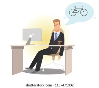 vector illustration of a worker man in his office get bored and dream his bicycle 