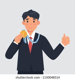 vector illustration worker man holding medal as rewards for his achievement, happy worker show his medal