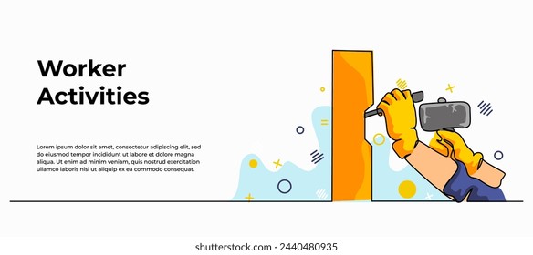 Vector illustration of a worker is nailing wood. Modern flat in continuous line style.
