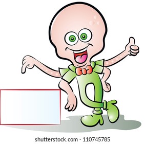 vector illustration of a worker octopus mascot showing a blank signboard making ok sign. all elements are in separate layers for easy editing.