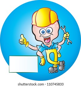 vector illustration of a worker octopus mascot leaning on a blank signboard making ok sign. all elements are in separate layers for easy editing.