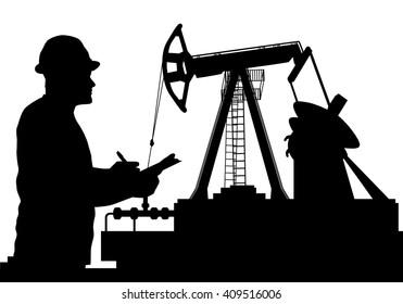 Vector illustration of Worker and Oil Pump silhouettes, Petroleum Industry