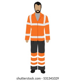Vector illustration worker in orange safety jacket. Worker safety clothing. Protective worker uniform jacket with reflective stripes.