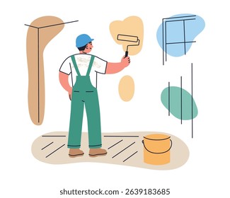 Vector illustration of worker painting walls during home renovation. House repair, apartment improvement, hired labor composition, cartoon man working with roller, handyman redocorate room
