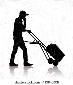 Vector illustration of worker pushing a cart.