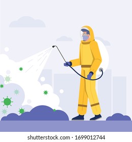 Vector Illustration Of Worker Sanitizing The Street From Bacteria And Covid-19 Pandemic