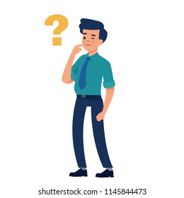 vector illustration worker standing and thinking with question sign, man standing and confusing with question mark