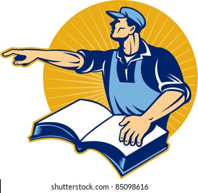 vector illustration of a worker tradesman man reading a book pointing to side done in retro woodcut style.