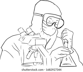 Vector illustration of a worker with virus, bacteria, vaccine in the laboratory