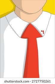 Ilustración vectorial de un trabajador con una camisa blanca con una corbata de flecha roja y una insignia número uno en el cuello con un fondo amarillo.
