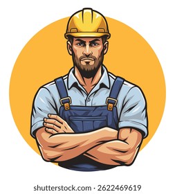 Vektorgrafik eines Arbeiters mit gelbem Bauhelm auf gelbem kreisförmigem Hintergrund.