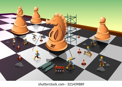 A vector illustration of workers building a knight chess and the chessboard for strategy concept