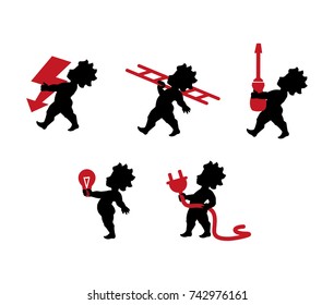 Vector illustration of workers, craftsmen, electrician such cupid with electrical tools. Icons Set in art nouveau or Jugendstil.