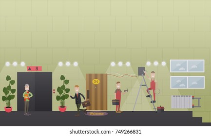 Vector illustration of workers installing wire and wireless internet connection in office hallway. Internet installing services concept. Flat style design.
