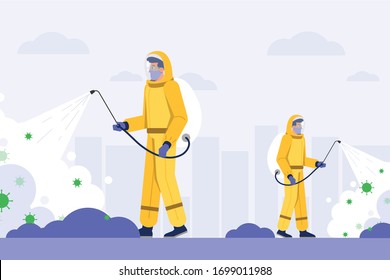 Vector Illustration Of Workers Sanitizing The Street From Bacteria And Covid-19 Pandemic