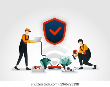 Vector illustration. workers from security companies are checking or maintaining security systems on a router.  