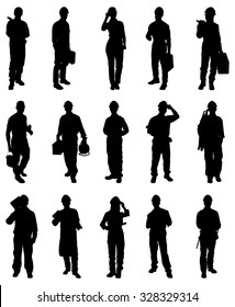 Vector Illustration Of Workers Silhouettes Over White Background