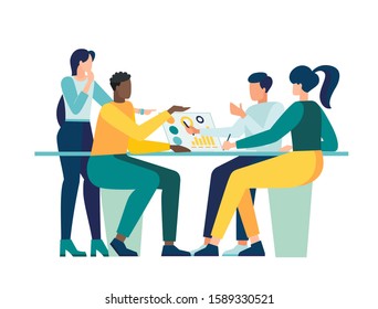Vector illustration, workers are sitting at the negotiating table, collective thinking and brainstorming, company information analytics - vector