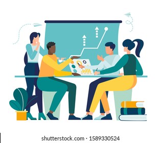 Vector illustration, workers are sitting at the negotiating table, collective thinking and brainstorming,  vector,company information analytics