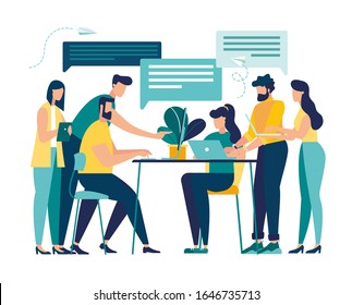 Vector illustration, workers are sitting at the negotiating table, collective thinking and brainstorming, company information analytics vector