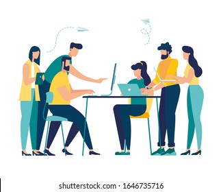 Vector illustration, workers are sitting at the negotiating table, collective thinking and brainstorming, company information analytics vector