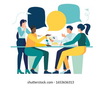 Illustration der Vektorillustration, Arbeitnehmer sitzen am Verhandlungstisch, kollektives Denken und Brainstorming, Unternehmensinformationsanalyse - Vektorillustration