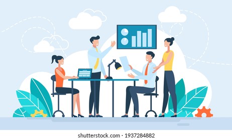 	
Vector illustration, workers are sitting at the negotiating table, collective thinking and brainstorming, company information analytics - vector