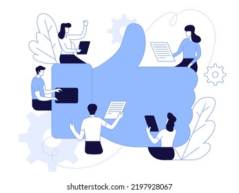 Vector illustration, workers are sitting at the negotiating table in thumbs up sign Vector collective thinking and brainstorming, company information analytics