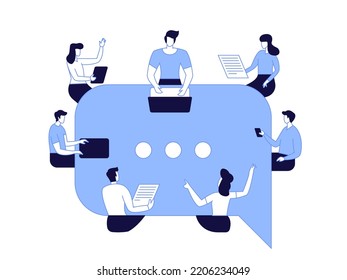 Vector illustration, workers are sitting at the negotiating table in speech bubble sign Vector collective thinking and brainstorming, company information analytics