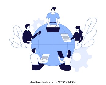 Vector illustration, workers are sitting at the negotiating table in globe sign Vector collective thinking and brainstorming, company information analytics