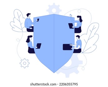 Vector illustration, workers are sitting at the negotiating table in shield sign Vector collective thinking and brainstorming, company information analytics