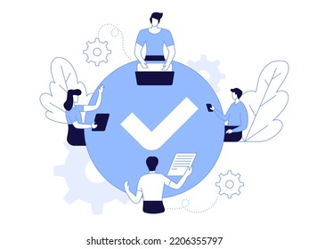 Vector illustration, workers are sitting at the negotiating table in Check mark sign Vector collective thinking and brainstorming, company information analytics