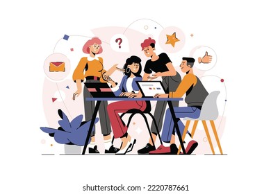 Vector illustration, workers are sitting at the negotiating table, collective thinking and brainstorming, company information analytics - vector