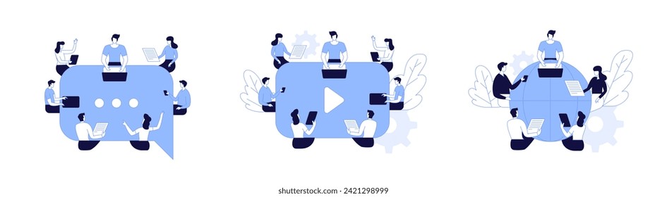 Vector illustration, workers are sitting at the negotiating table Collective thinking and brainstorming, company information analytics