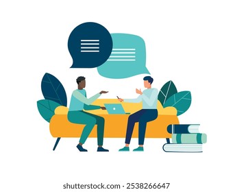 Vector illustration, workers are sitting at the negotiating table, vector collective thinking and brainstorming, company information analytics