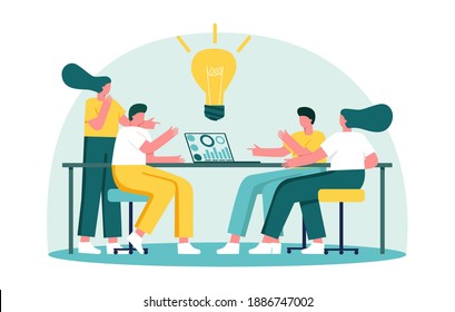 Vector illustration, workers are sitting at the negotiation table, vector collective thinking and brainstorming. An idea appeared. Overhead light