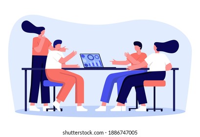 Vector illustration, workers are sitting at the negotiation table, vector collective thinking and brainstorming, company analyst. Concept