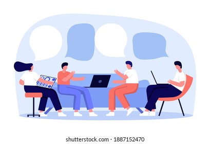 Vector illustration, workers are sitting on the couch, vector collective thinking and brainstorming. Work from home, dropshipping shop, ecommerce