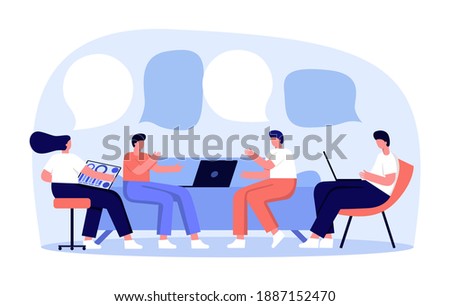 Vector illustration, workers are sitting on the couch, vector collective thinking and brainstorming. Work from home, dropshipping shop, ecommerce