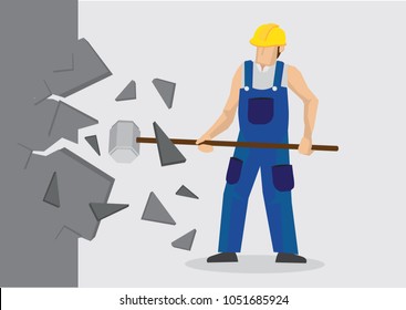 Vector Illustration Of Working Breaking Down The Wall. Concept Of Breaking Though Barrier To Get Freedom And Achievement.