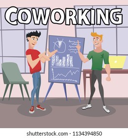 Vector illustration of working cartoon characters in studio coworking