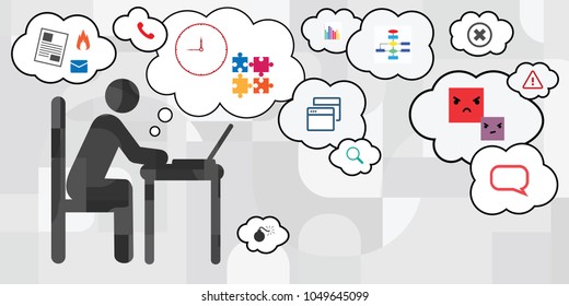 vector illustration of working with computer person silhouette with stress factors around it