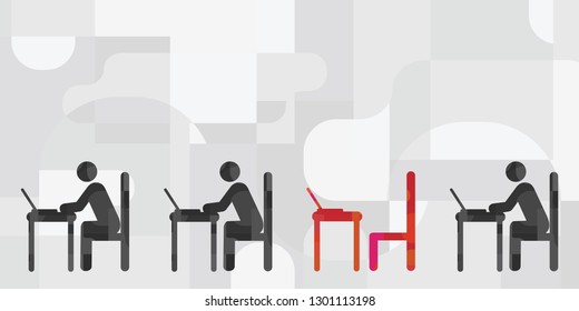 vector illustration of working with computers people sitting in a row with one empty table for newcomer