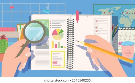 Vector illustration of working at a desk.Cartoon scene of notebook, hands holding magnifying glass, pencil, world map with route and markers, calendar, phone, coffee, cactus, binders, colored pencils.