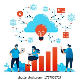 Vector illustration of working during covid 19 pandemic with cloud computing. New normal financial security network. Design can be used for landing page, website, mobile app, poster, flyers, banner