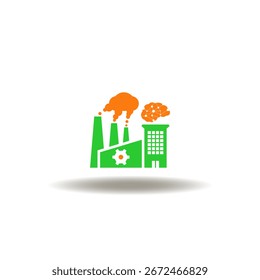 Vector illustration of working factory with pinion and brain. Symbol of industry reinforcement learning.
