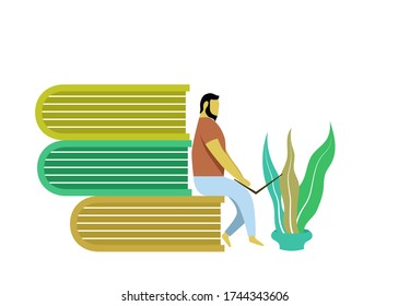 vector illustration- working at home , coworking space concept young people man freelance working laptop and book computer at home. people character focus on monitor