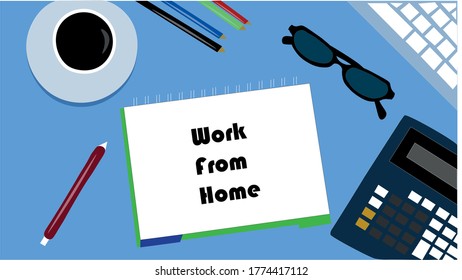 vector illustration of working from home equipment notebook calculator glasses a cup of coffee keyboard pens