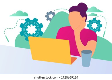 vector illustration of working from home in a flat style, with a woman who is working at home in front of a laptop and holding a cellphone and a cup of coffee